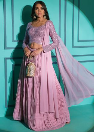 Pink Pleated Style Embroidered Lehenga Choli