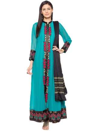 Readymade Turquoise Front Slit Suit With Dupatta