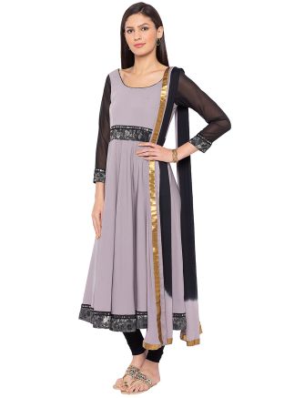 Grey Crepe Readymade Flared Salwar Kameez