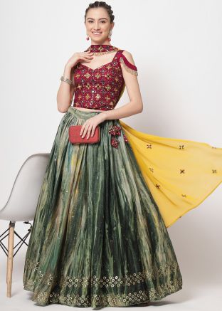 Green Mirror Work Embroidered Lehenga Choli