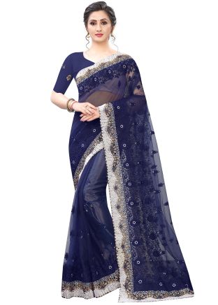 Navy Blue Embroidered Heavy Border Net Saree 