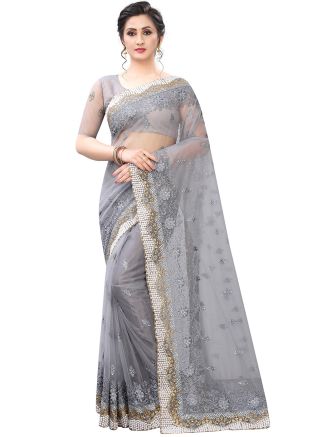 Grey Heavy Border Embroidered Net Saree With Blouse
