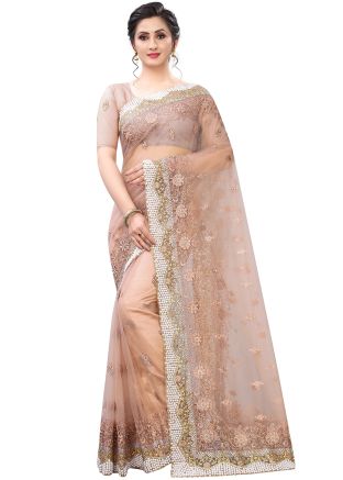 Peach Embroidered Net Heavy Border Saree 