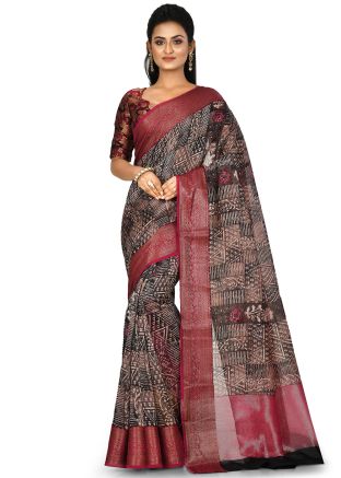 Brown Pure Banarasi Silk Woven Border Saree