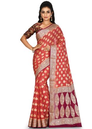 Orange Pure Banarasi Silk Woven Saree