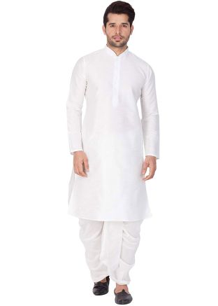 White Dupion Silk Readymade Kurta With Dhoti