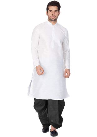 Readymade White Dupion Silk Kurta With Dhoti