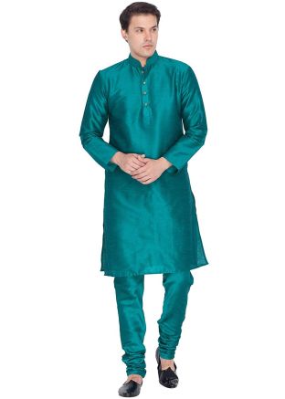 Green Dupion Silk Readymade Kurta Churidar