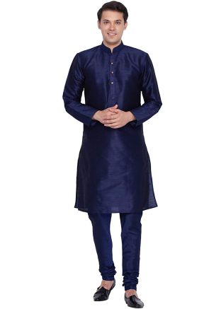Navy Blue Dupion Silk Readymade Kurta Churidar