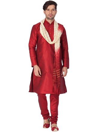 Readymade Red Dupion Silk Kurta Churidar
