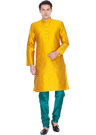 Yellow Dupion Silk Readymade Kurta Churidar