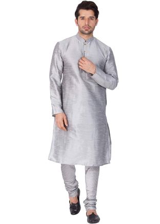 Readymade Grey Dupion Silk Kurta Churidar