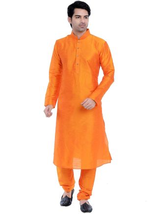 Orange Dupion Silk Readymade Kurta Churidar