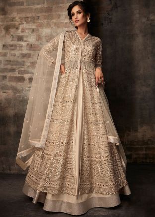 Beige Embroidered Front Slit Kurti Style Lehenga Choli