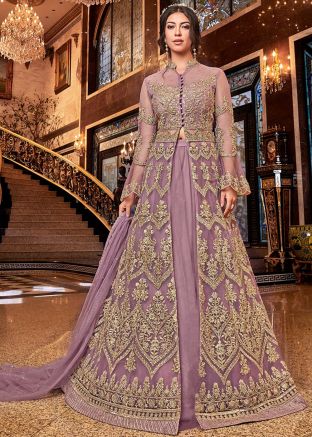 Purple Embroidered Net Kurti Style Lehenga