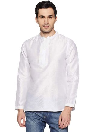 White Readymade Dupion Silk Short Kurta