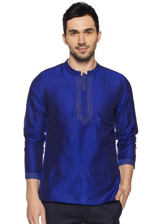 Blue Readymade Dupion Silk Short Kurta