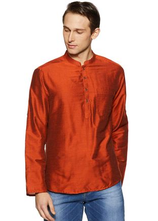 Red Readymade Dupion Silk Short Kurta