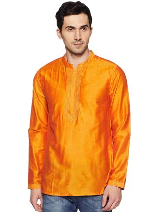 Orange Readymade Dupion Silk Short Kurta
