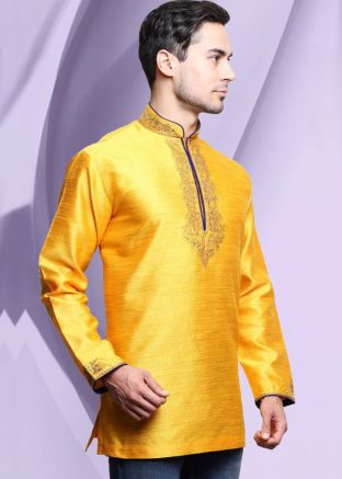 Yellow Readymade Dupion Silk Short Kurta