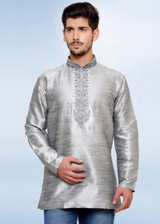 Grey Readymade Dupion Silk Short Kurta