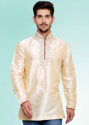 Cream Readymade Dupion Silk Short Kurta