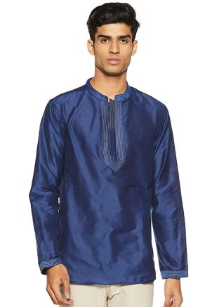 Blue Readymade Dupion Silk Short Kurta