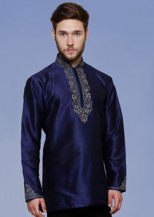 Navy Blue Readymade Dupion Silk Short Kurta