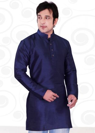 Blue Readymade Dupion Silk Short Kurta