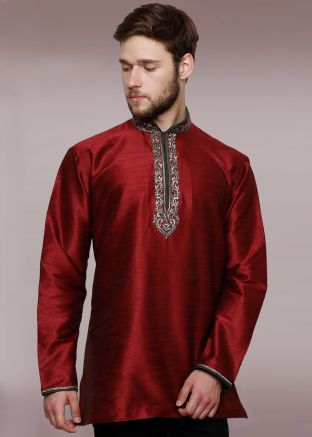 Maroon Readymade Dupion Silk Short Kurta