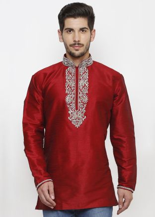 Readymade Red Dupion Silk Short Kurta