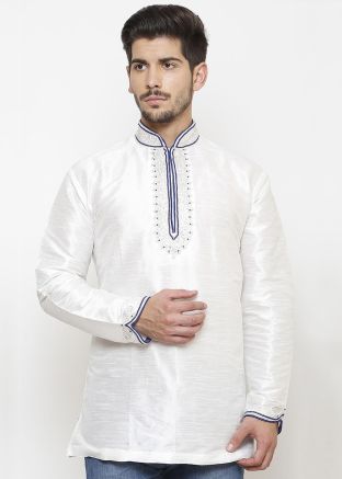 Readymade White Dupion Silk Short Kurta