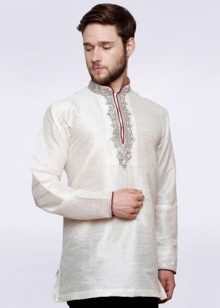 Readymade Off White Dupion Silk Short Kurta