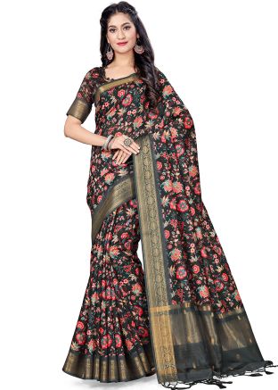 Black Art Silk Floral Digital Printed Saree