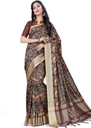 Black Digital Printed Tussar Silk Saree With Blouse