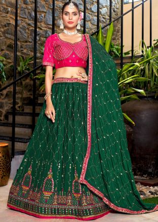 Green Embroidered Chiffon Lehenga Choli