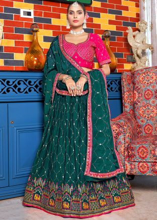 Teal Green Embroidered Chiffon Lehenga Choli