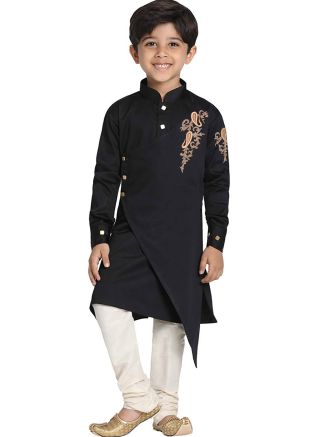 Black Readymade Kids Kurta Pajama In Cotton