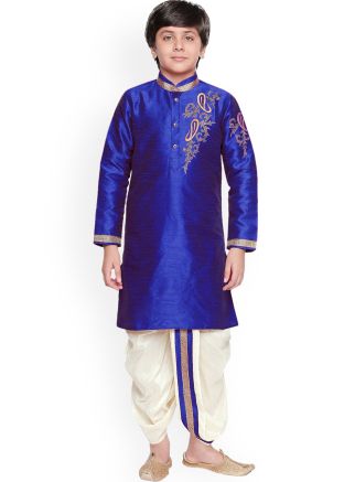 Blue Kids Readymade Dhoti Kurta In Dupion Silk 