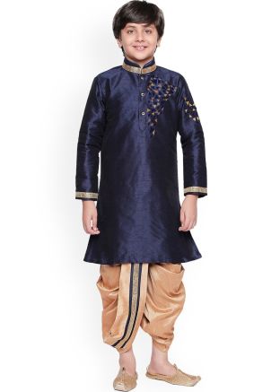 Blue Dupion Silk Readymade Dhoti Kurta For Kids