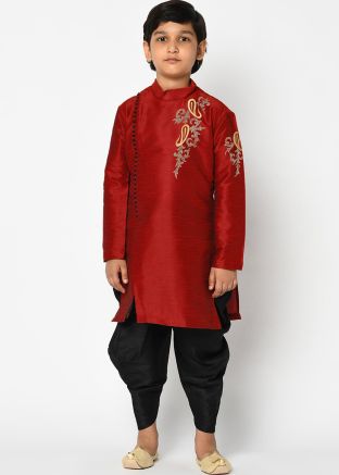 Readymade Red Kids Dhoti Kurta In Dupion Silk