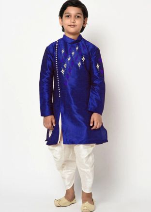 Embroidered Blue Angrakha Style Kids Dhoti Kurta