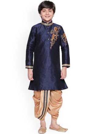 Blue Embroidered Readymade Dhoti Kurta In Dupion Silk