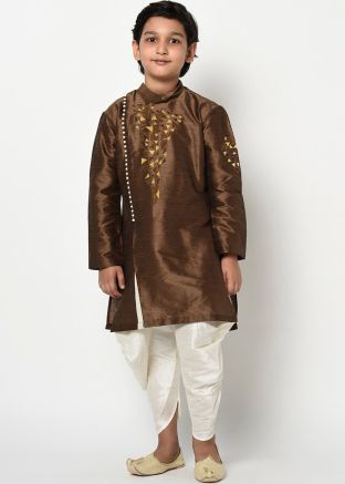 Embroidered Brown Kids Kurta With Readymade Dhoti