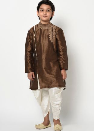Brown Readymade Kids Dhoti Kurta In Angrakha Style