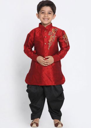 Maroon Dupion Silk Readymade Kids Dhoti Kurta