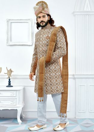 Golden Art Silk Groom Readymade Sherwani