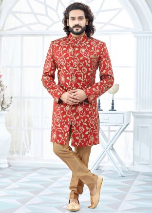Red Art Silk Readymade Groom Sherwani