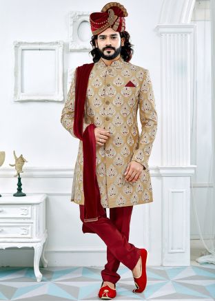 Golden Art Silk Groom Readymade Sherwani