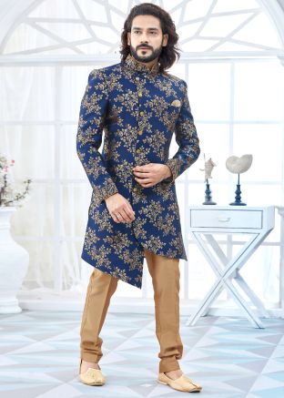 Readymade Blue Art Silk Jacquard Woven Sherwani